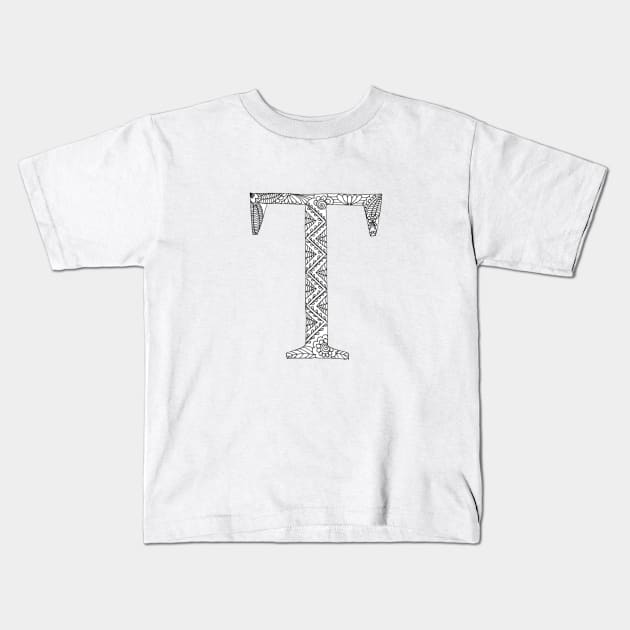 Henna Alphabet T / Henna Letter T - Black Henna Line Art Kids T-Shirt by Tilila